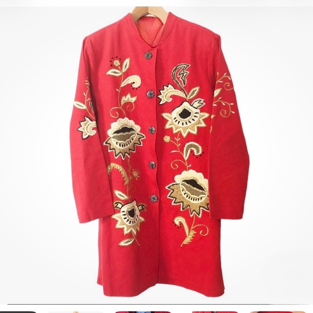 Alex Kim Red Floral Embroidered Coat. Size small. Made in India